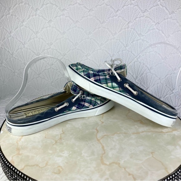 Sperry Top Sider Mules Womens Size 7.5 Green Blue Plaid Open Back Slides Shoes - Picture 7 of 11